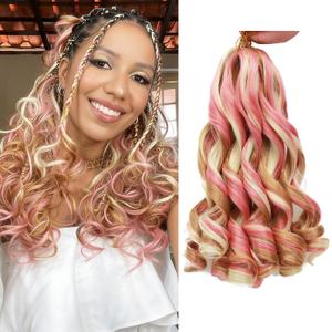French Curly Braiding Hair 18Inch Long Curly Crochet Hair 8Packs Loose Wavy Synthetic French Curl Crochet Braiding Extensions (P27/613/pink)