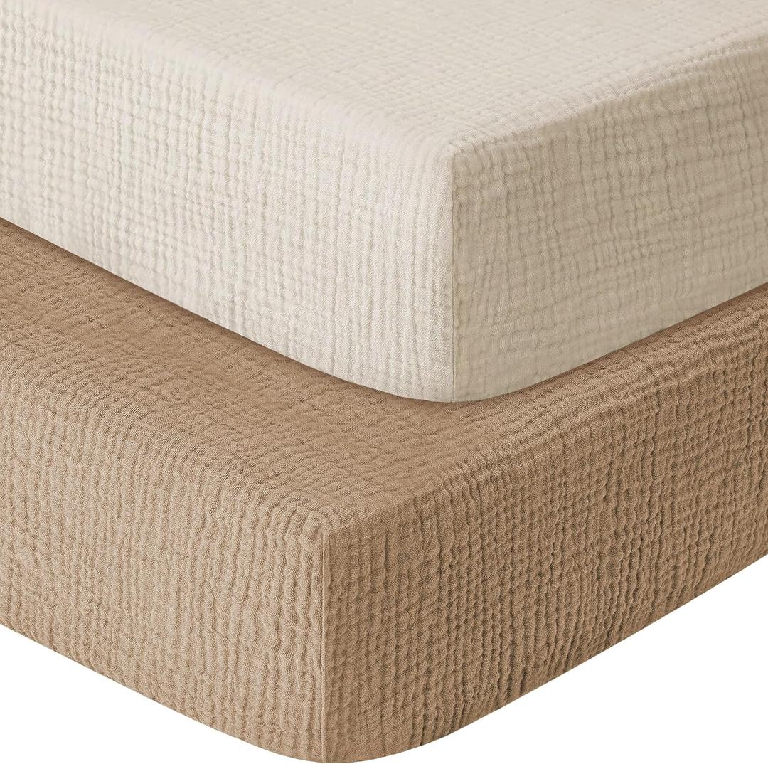 GUNTAIL Muslin Crib Sheets for Boys Girls 100% Cotton Fitted Baby Crib Sheet 2 Pack Soft and Breathable for Standard Crib Mattress & Toddler Mattress 52x28in (Beige & Coffee)