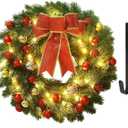 Juegoal 16 Inch Pre-Lit Christmas Wreath with Metal Hanger, Large Red Bow and Colored Balls, Battery Operated with Warm White 40 LEDs Lights, Front Door Spruce Lighted Wreath X-max Decorations