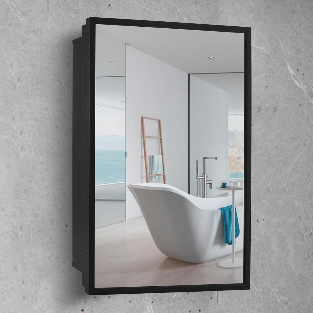 Movo Medicine Cabinet with Mirror, 16 inch x 24 inch Black Metal Framed Recessed Bathroom Medicine Cabinet Wall Mounted with Mirror