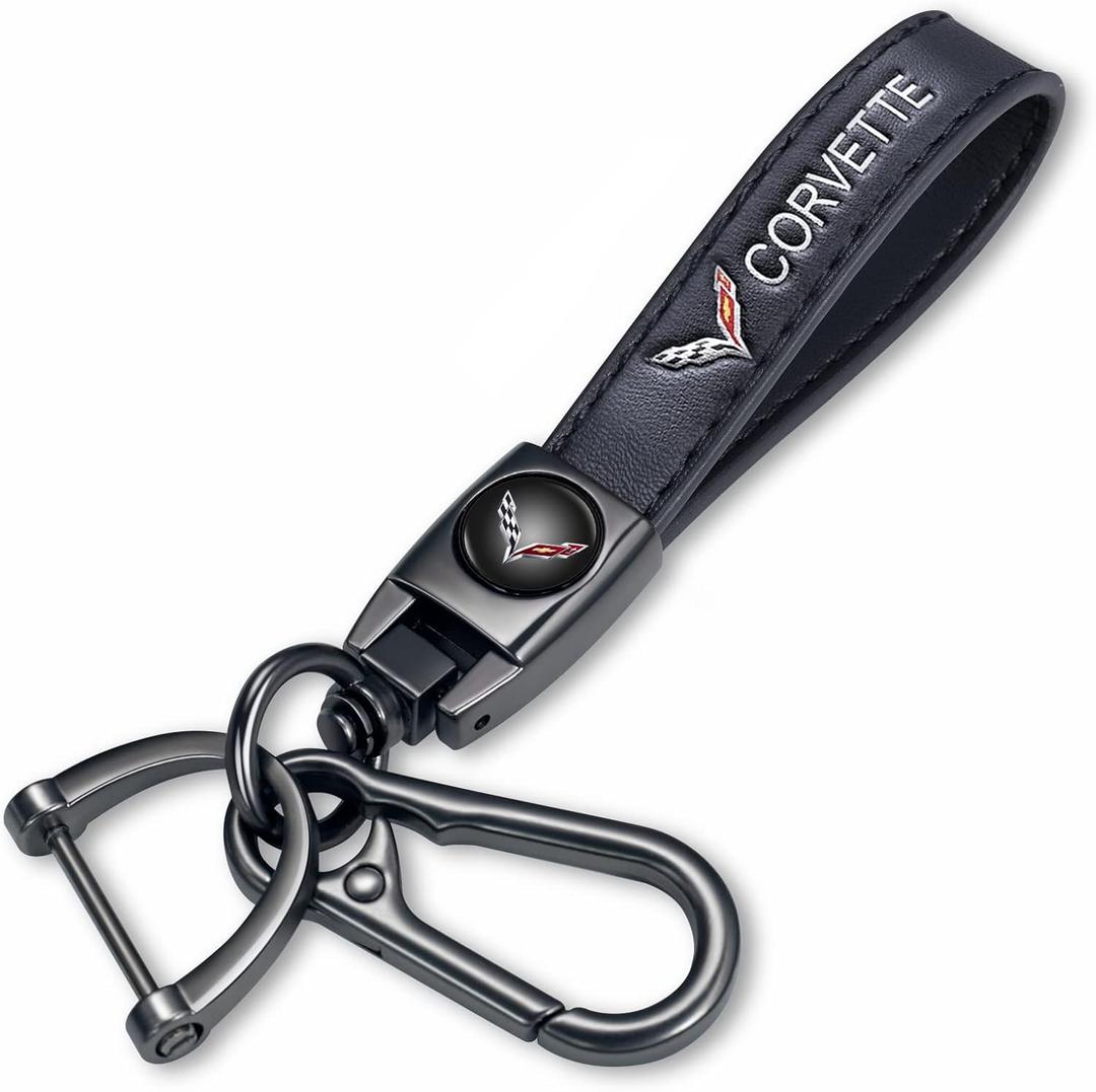 Genuine Leather Car Keychain Keyring Accessories Compatible with Corvette Series Car Keychains Family Present for Man and Woman（Black） (Black)