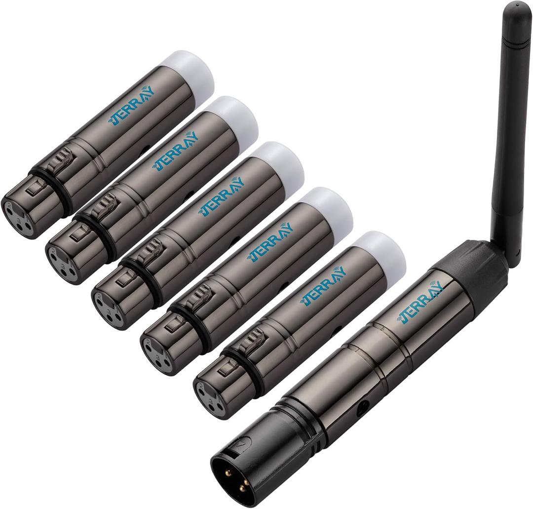 JERRAY 6Pcs DMX Wireless 5 Female Receivers &1 Male Transmitter Control 2.4G Dfi DJ Short version for Led Stage PAR Party Light (Black)