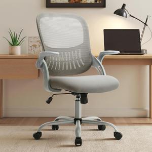 Sweetcrispy Ergonomic Office Desk Chair Mesh Adjustable Swivel Mid-Back Computer Chair with Lumbar Support Comfy Flip-up Arms for Home Office (Grey)