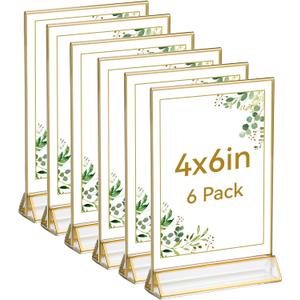 UNIQOOO Acrylic Sign Holders with Golden Border, Portrait View, Pack of 6 | 4x6 Inches Double Sided Clear Frame, Perfect for Wedding reception, Centerpiece, Decoration, Party,Anniversary, Event