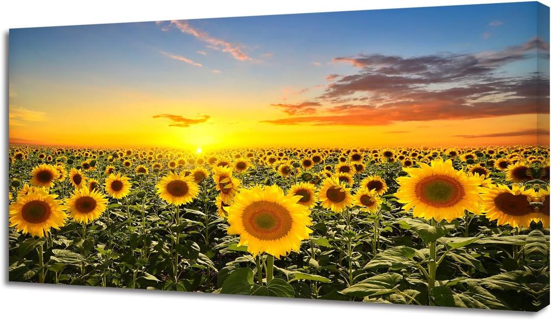 Wall Art Canvas Painting Beautiful Sunset Over Sunflower Field 1 Piece Colorful Sky with Clouds Picture Poster Print Framed and Stretched Ready to Hang for Living Room Bedroom Office