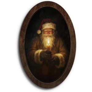 YZSLA Vintage Christmas Santa Oval Framed Wall Art, Rustic Winter Christmas Home Decor, Cozy Winter Xmas Santa Holding Candle Holiday Wooden Wall Decorations for Home Bedroom Living Room, 15.74x10.23