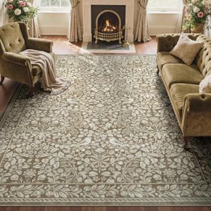 LIVEBOX 8x10 Neutral Area Rugs for Living Room, Vintage Floral Non-Slip Washable Rugs, Farmhouse Botanical Birds Pattern Large Area Rug for Bedroom, Carpet for Dining Room Decor(Neutral Beige,8'x10')