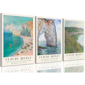 IBHJSART Framed Monet Wall Art,Claude Monet Coastal Beach Prints Wall Art,Set of 3 Vintage Famous Oil Painting Artwork Pictures Lmpressionism Nature Landscape Farmhouse Decor Livingroom Bedroom Office (12"x16")
