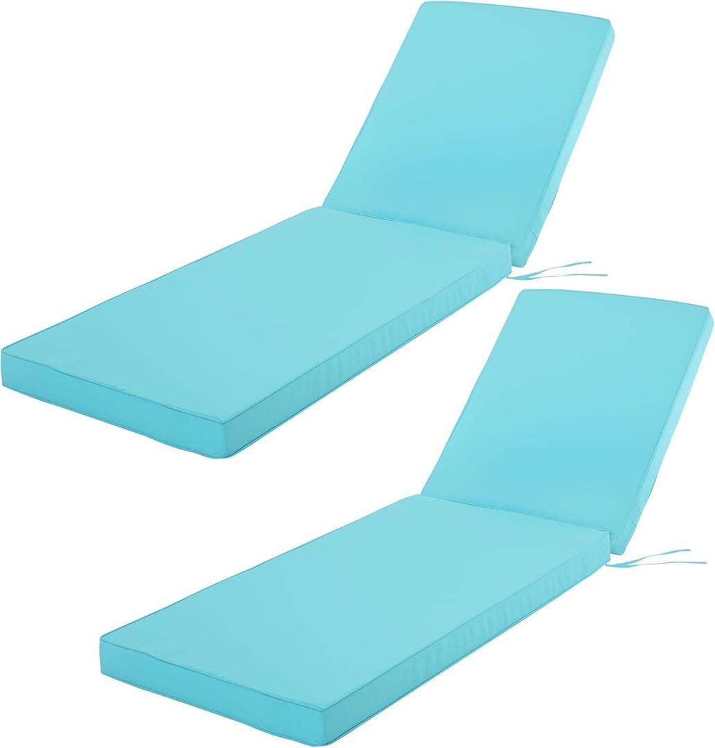 Outdoor Chaise Lounge Cushion Set of 2, Fadesafe Water-Repellent Lounge Deck Reclining Chair Cushions for Patio Furniture Lawn Pool Resort Hotel, 72x21x3 Inch, Light Blue