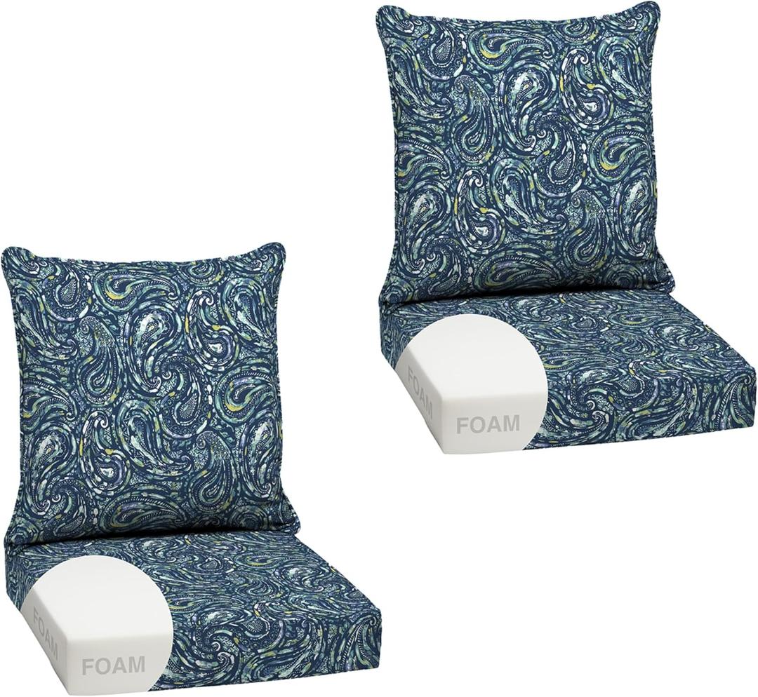 Arden Outdoor Deep Seat Cushion Set, Foam, 2-Pack, 24x24, Blue Paisley | earthFIBER, Sofa, Couch, Conversation Set, Premium High-Density Foam, Never Flattens, Mold and Mildew Resistant