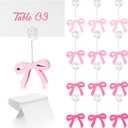 Abbylike 12 Set Pink Bow Place Card Holders with Place Cards Wooden Coquette Table Number Photo Holder Stand Menu Memo Clips Bow Theme Decor for Centerpieces Valentine Wedding Anniversary Birthday