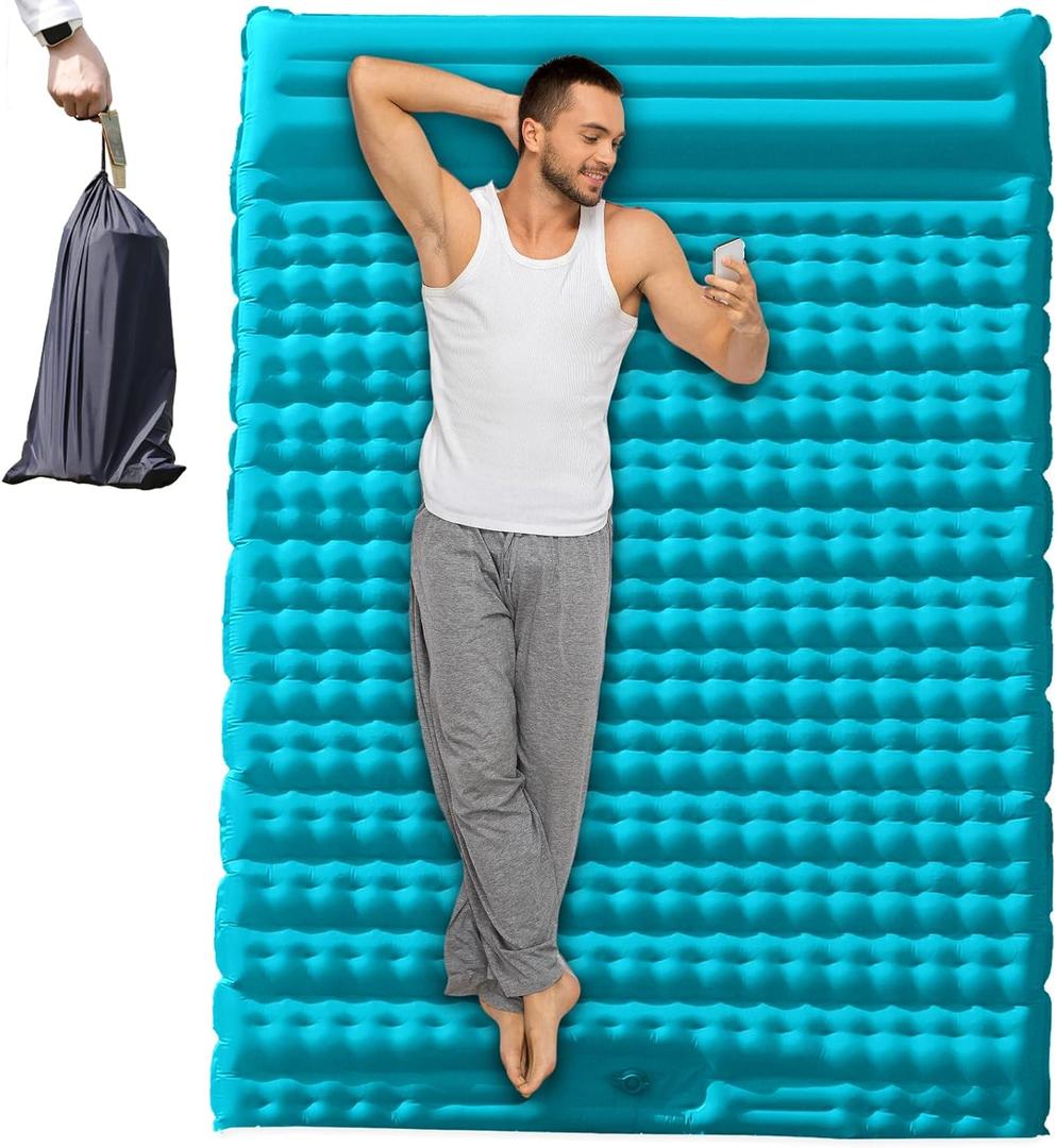 Couleurs Double Sleeping Pad - Self Inflating 4" Extra-Thick for 2 Person with Pillow Built-in Foot Pump Inflatable Sleeping Mat for Backpacking, Hiking, Traveling, Tent, Portable Camping Mat