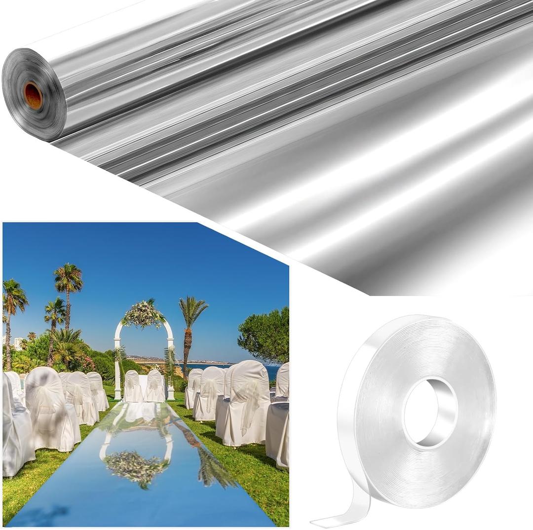 Tinideya 3.3 x 98.4 ft Mirror Rug Aisle Runner for Wedding Ceremony Double Sided Reflective Carpet Aisle Runner Walkway Rug Roll for Outdoor Birthday Graduation Party Decor(Silver)