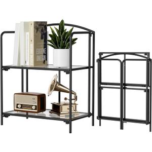 Crofy No Assembly Folding Bookshelf for Living Room, 2 Tier Black Collapsible Book Shelf for Home Office, Portable Bookcase Storage Organizer