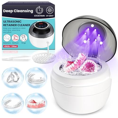 BOOPNEW Ultrasonic Retainer Cleaner Machine, Denture Dome for Cleaning Dentures, Mouth Guard, Night Guard, Aligner, Jewelry, 45kHz 250ML UV Ultrasonic Denture cleaner Ultra Sonic Cleaner for Retainers