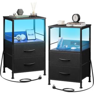 WLIVE Night Stand Set of 2 with Charger Station, Black Nightstand Sets with 2 Fabric Drawers and Storage Shelf, LED Bedside Table, Bedroom Small End Tables with 3 USB Ports and 2 AC Outlets