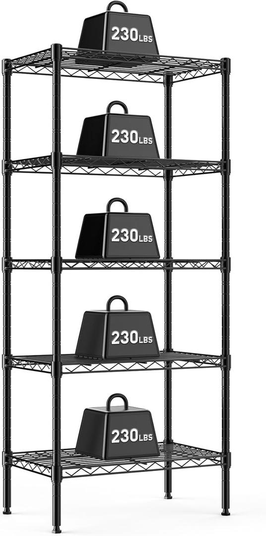 DUMOS 5-Tier Metal Wire Storage Shelves, Adjustable Standing Storage Rack Shelf, Heavy Duty Steel Shelving Unit Organizers for Kitchen Bathroom Pantry Garage, 23.1" W13.4" D59.5" H, Black