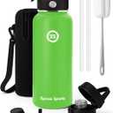 Insulated Water Bottle with Straw | 32oz Stainless Steel Metal Vacuum Water Flask in 3 color's | Leakproof Sports Bottle with 3 Lids & Protective Sleeve | 24hr Cold/12hr Hot (Green)