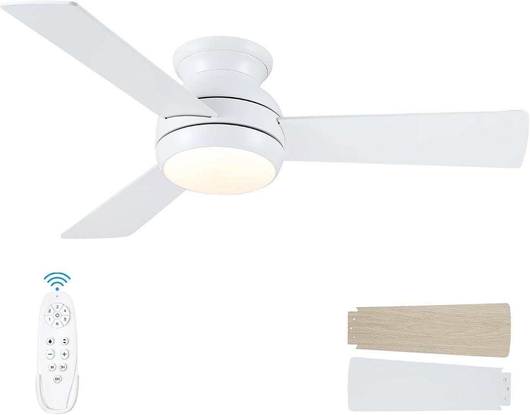 42 Inch Ceiling Fans with Lights and Remote, Low Profile Ceiling Fan with Light Flush Mount, Reversible, 6 Speeds, 3CCT Dimmable White Ceiling Fan for Bedroom Dinning Room Indoor