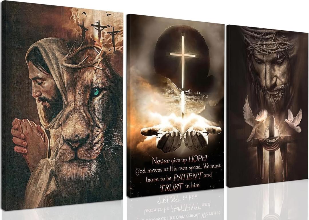 Fantasy Artists 3Pcs Jesus Wall Art, Christian Wall Decor for Biblical Room, Unframed Canvas Painting Prints, Religious Art Posters for Church Living Room Bathroom, 16" X 24"