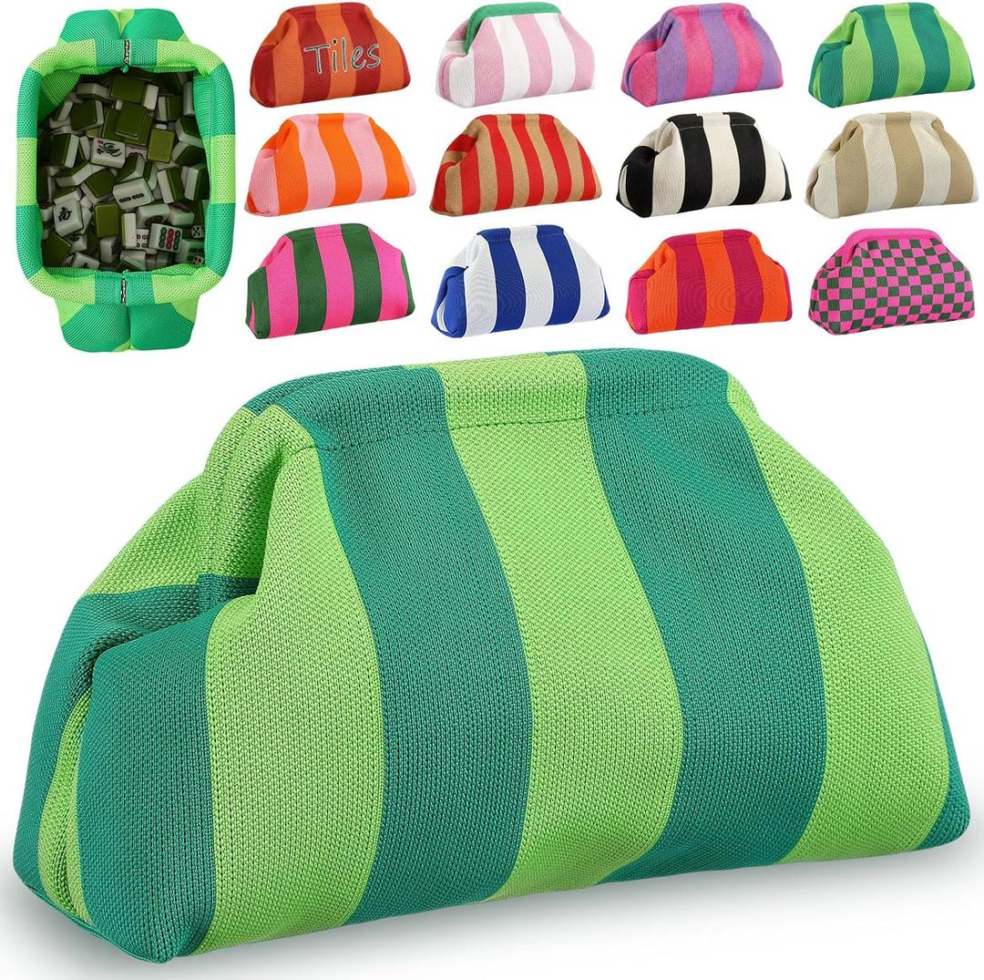 Mahjong Tile Bag Woven Clutch Purses for Women Woven Striped Dumpling Bag Summer Beach Evening Handbag for Mahjong Tile Vacation Supplies(Dark Light Green,Thick Lines)