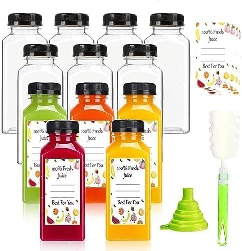 Plastic Juice Bottles with Caps 12 pcs, 8oz Reusable Juice Containers with Tamper Proof Lids Black, Clear Juice Bottles for Juicing, Milk, Smoothie, Drinking, and Other Beverages Christmas Gifts