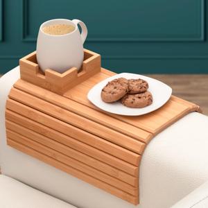 Bamboo Couch Tray & Armrest with Cup Holder - Versatile Drink & Snack Holder for Couch, Recliner, or Loveseat