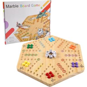 Original Marble Game Wahoo Board Game Double Sided Painted Wooden Fast Track Board Game for Family Friends and Party 6 and 4 Players 6 Colors 24 Marbles 6 Dice (Smalllog)