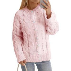 Saodimallsu Womens Cable Knit Cardigan Sweaters Long Sleeve Button Down Crewneck Casual Loose Fall Sweater Coats, Small