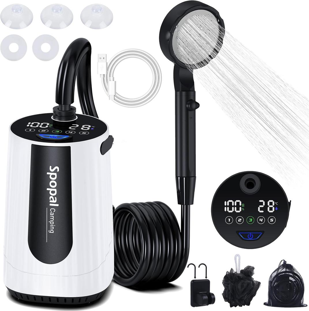 Spopal Portable Shower for Camping, [Upgraded] 10000mAh Rechargeable Camping Shower with 5 Adjustable Speeds, Premium LED Display, IPX8 Waterproof Outdoor Shower Kit for Hiking, Car, Pet, Travel (W)