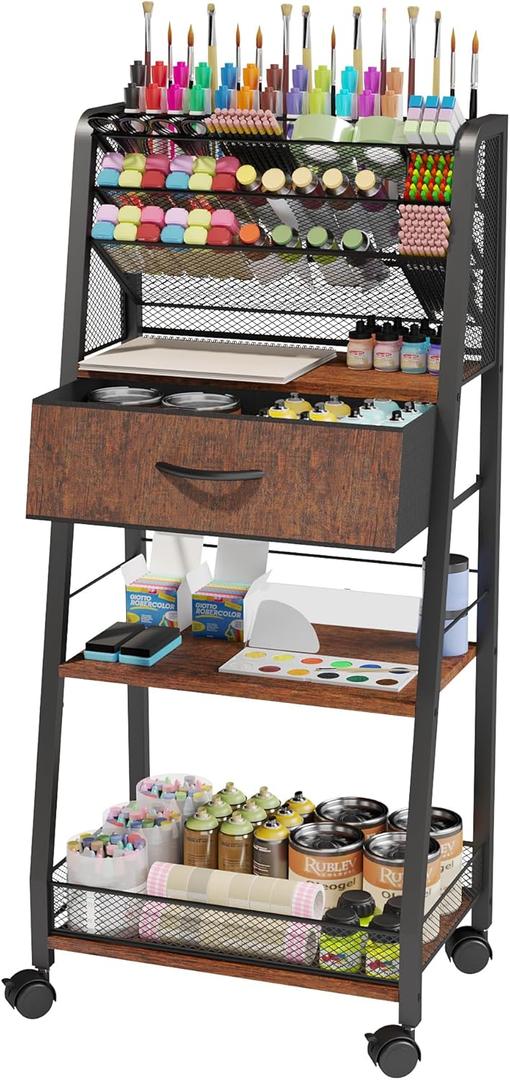 3 Tier Rolling Cart - Metal Utility Cart with Storage Drawer and Wheels, Versatile Art & Craft Organizer for Home, Office, or Studio - Ideal for Storing Brushes, Paints, and Supplies (Dark Brown)