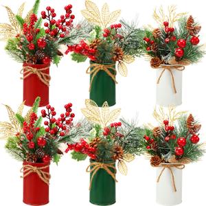 Tioncy Set of 6 Christmas Centerpiece Decoration Floral Arrangement Assorted Artificial Holly Red Berry Pine Cone Picks Christmas Picks Glitter Leaf Picks in Rustic Galvanized Pots (Xmas Colors)