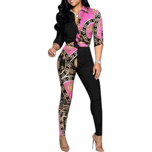 Glozeplus 2 Piece Outfits for Women Sexy Bodycon Long Sleeve Crop Tops Long Pants Sets Floral Print Tracksuits Jumpsuits (Medium, Colorful10884-5)
