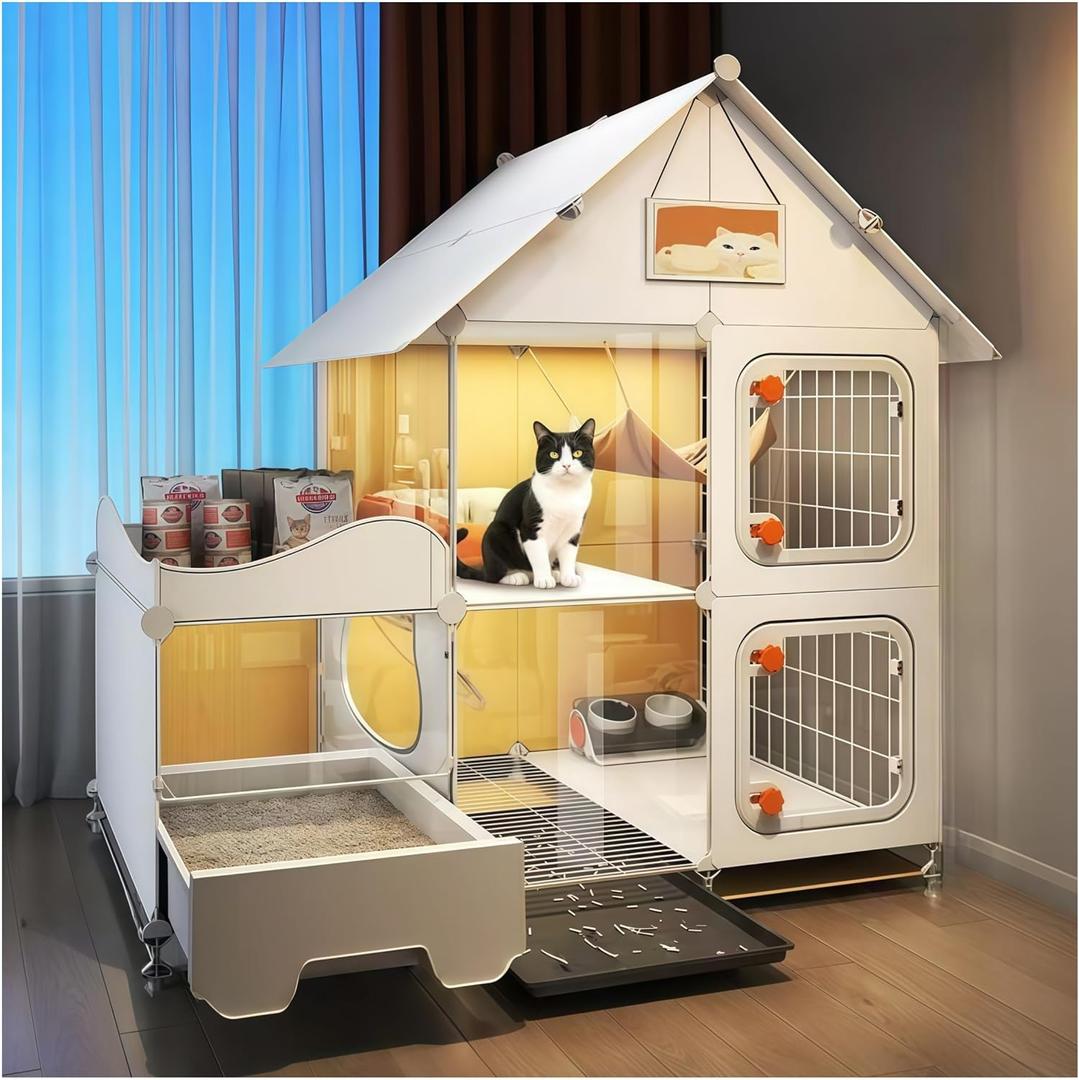 Indoor Cat Cage with Litter Box,Complimentary Cat Bed, Bowl,Teaser Wand，Cat House Large cat Villa Playpen Outdoor, Large Cat Enclosure, Small Animal Dog Kennel (41.8" Lx18.1 Wx41.8 H)
