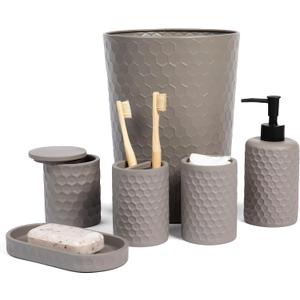 zccz 6 Piece Bathroom Accessories Set, Toothbrush Holder, Toothbrush Cup, Soap Dispenser,Bathroom Vanity Tray, Qtip Holder, Trash Can - Cement