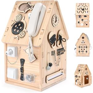 Potatomato Montessori Wooden Busy House - Busy Board Toy for Toddlers - Preschool Learning Educational Toys - Sensory Board for Fine Motor Skills, Gifts for Babys Boys & Girls