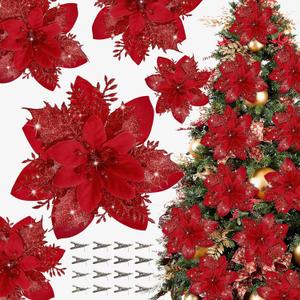 16 PCS Poinsettia Flower Artificial Poinsettias with Clips Christmas Decor Glitter Poinsettia Christmas Ornaments Xmas Tree Flower Decorations with Stems DIY Xmas Wreath Holiday Home Party Decor (Red + Red)