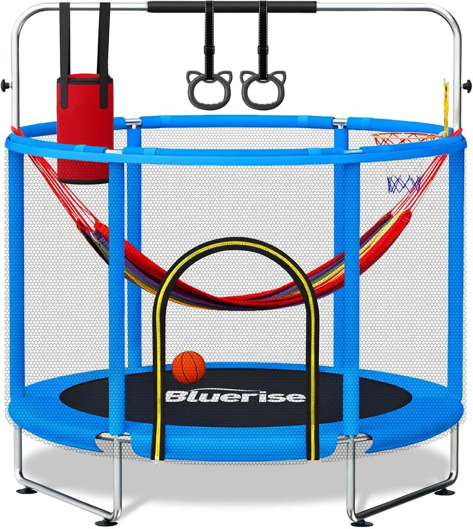 BLUERISE 55IN 6FT Toddler Trampoline for Kids Indoor Outdoor Play for Kids Trampoline Basketball Hoop Attachment with Enclosure Net Easy to Assemble