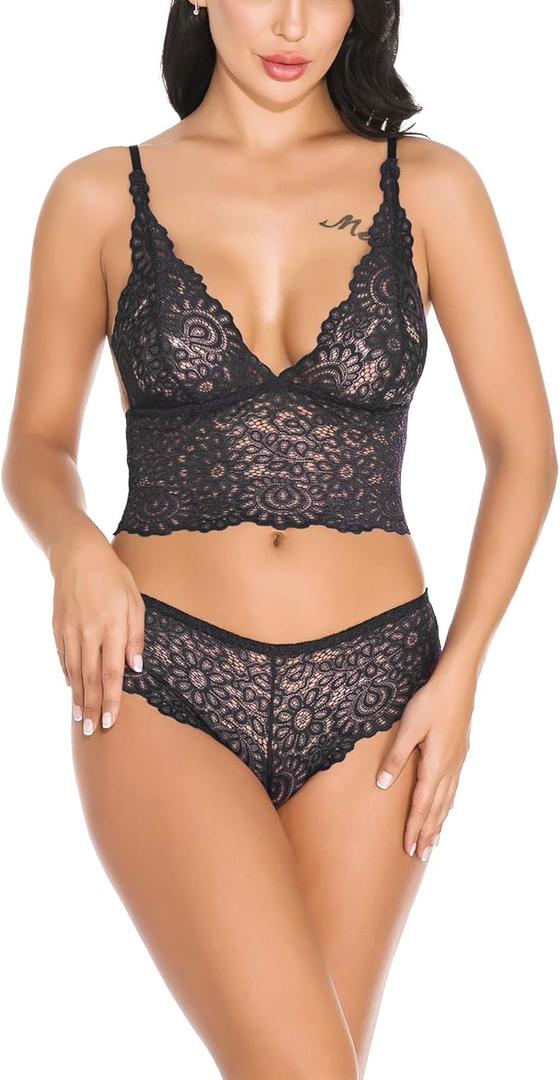 Pants for Women Sexy Lace Bra and Panty Set Bralette Lingerie 2 Piece Babydoll Bodysuit (2XL, Navy Blue)