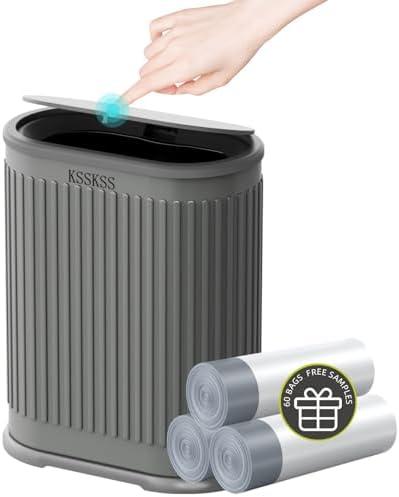 KSSKSS 1.8 Gallons Small Stainless Steel Trash Can with Press Type Lid, Slim Bathroom Garbage Bin, Removable Liner Bucket, Dog Proof Narrow Wastebasket with Pop-Up Lid for Bedroom,Toilet (Gray)