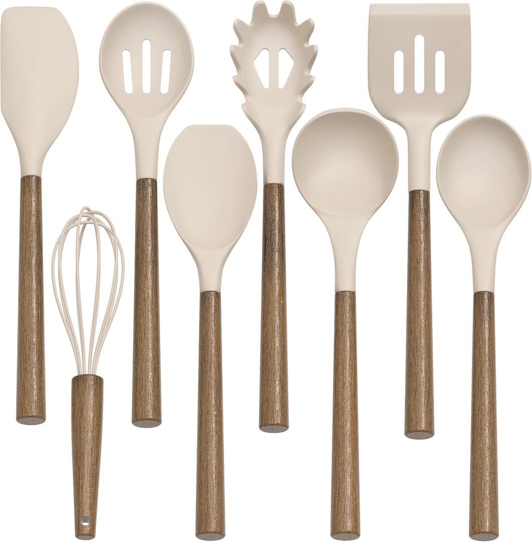 Silicone Kitchen Cooking Utensil Set, 9Pcs Kitchen Utensils Spatula Set with Wooden Handle for Nonstick Cookware, 446F Heat Resistant Silicone Kitchen Gadgets Utensil Set with Large Holder, Khaki