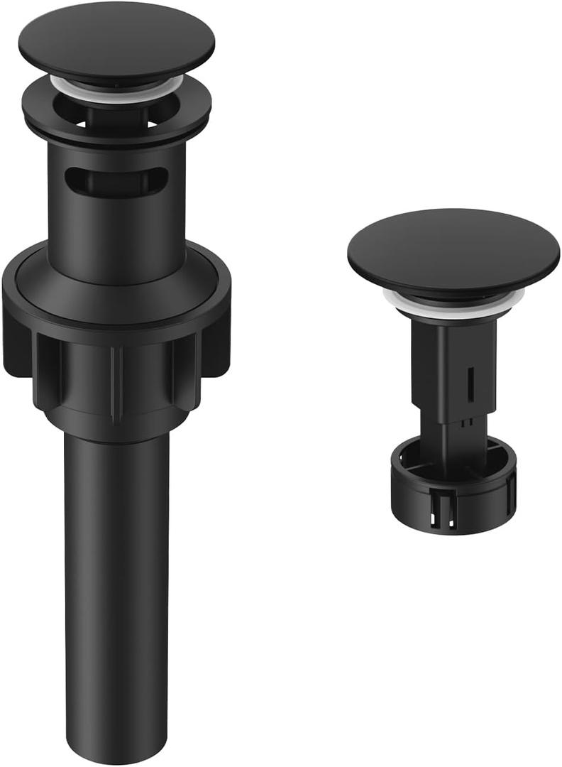 Bathroom Sink Drain with Overflow, Hurran Matte Black Bathroom Sink Stopper for Bathroom Vanity Vessel Sink, Rapid Draining Plastic Pop-up Sink Drain with Hair Catcher Anti-Clog Strainer