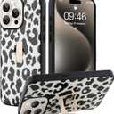 Compatible with iPhone 15 Pro Max Case for Women Girls, Cute Cheetah Leopard Pattern, Built in Adjustable Wrist Strap Grip Hand Holder Stand Shockproof Kickstand Cover (Black White)