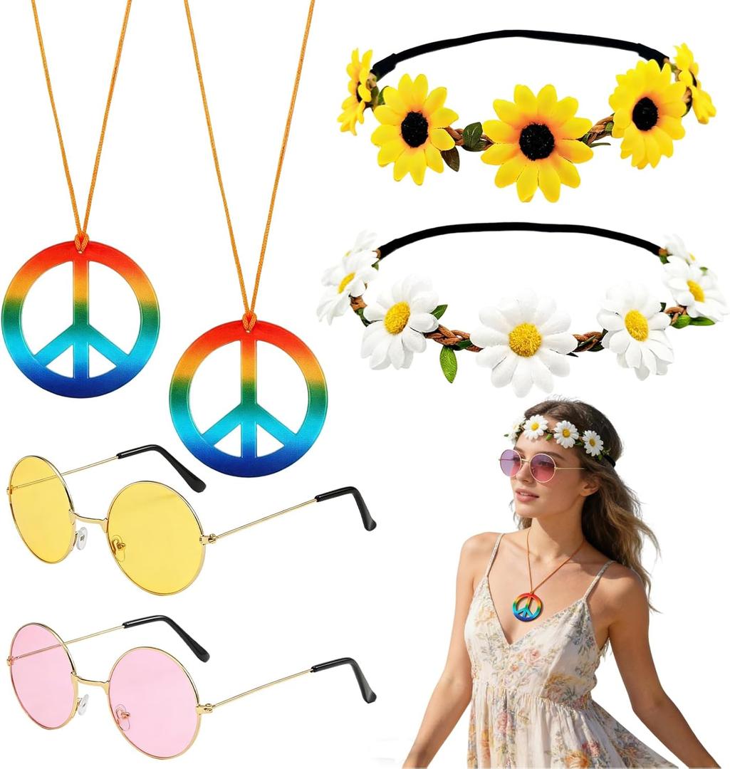 6 Pcs Hippie Accessories for Women, 60s 70s Accessories Women with 2 Peace Sign Necklace + 2 Daisy Flower Headbands + 2 Hippie Sunglasses, Hippie Costume for Carnival Vintage Party Multi