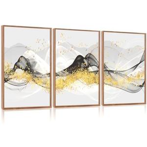 Aurlan Abstract Black Gold Luxury Wall Art Set(16"x24"), 3 Pieces Modern Swirl Ribbon Framed Canvas Artwork with Foil Graffiti, Large Minimalist Lines Scandinavian Wall Decor for Office Bedroom Living Room