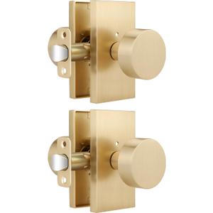 Gold Door Knob 2 Pack, Interior Door Knob for Bedroom, Privacy Door Knobs with Lock, Keyless Bathroom Door Handle, Satin Brass Finish, Universal for Left/Right Opened Doors, Unique Rectangular Base