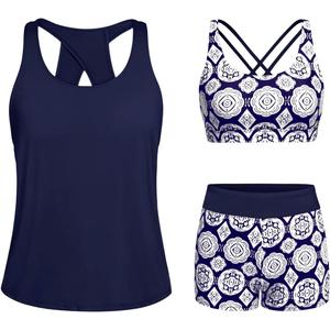 Tempt Me 3 Piece Tankini Swimsuits for Women Athletic Bathing Suits Swim Tank Top with Boy Shorts and Bra Modest Swimwear Medium
