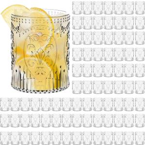 100 Plastic Vintage Drinking Glasses 8.5oz Stemless Retro Embossed Wine Glasses Shatterproof Reusable Cups for Baby Shower Wedding Reception Grand Event Party (Clear)