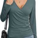 Women's Long Sleeve Deep V Neck Tops Wrap Ruched Slim Fit Shirts Button Side Blouse Sexy Fall Outfits 2025 (Green, S)