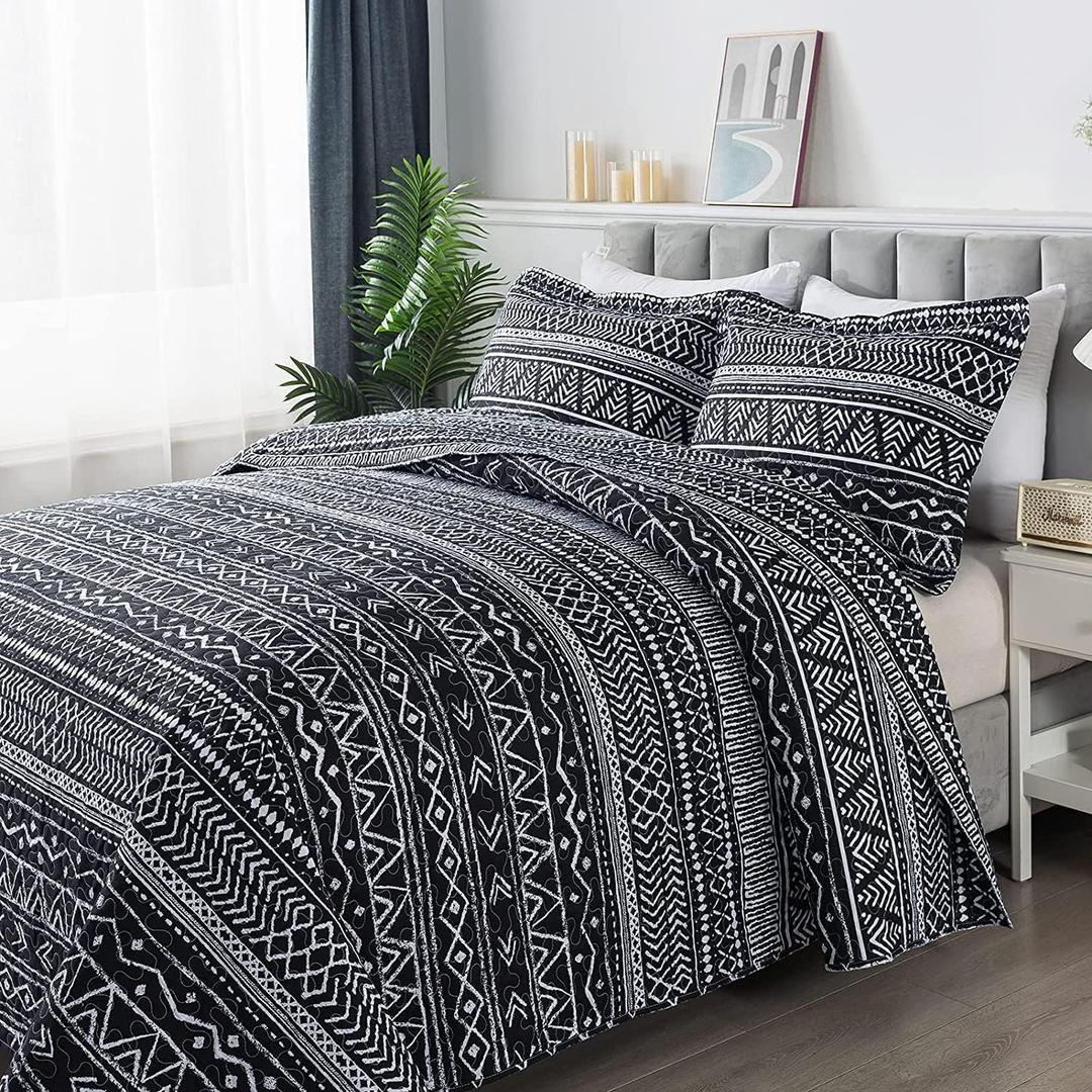 Travan 3-Piece King Quilt Set Striped Pattern Microfiber Soft Lightweight Bedding Set with Shams for All Season, Black Strips, King Size